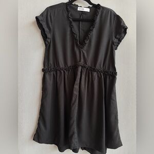 Zara Black Ruffle Trim Loose Fit Mini Dress | Lyocell | Size S